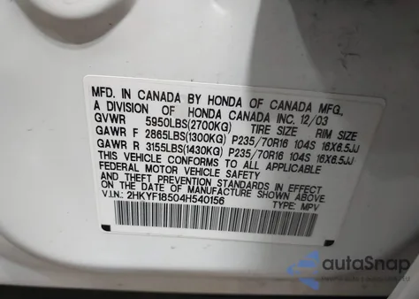 2004 Honda Pilot Ex-L z USA, uszkodzony, nr VIN 2HKYF18504H540156